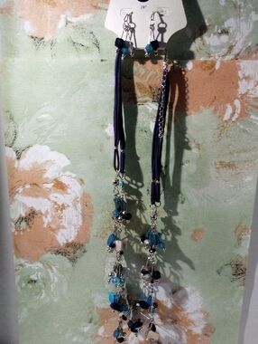 Blue Long Tassel Necklace/Earrings Set Women Jewelry